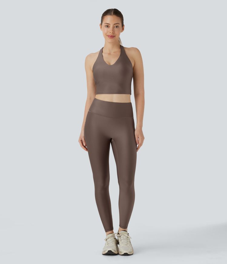 Halter Backless Adjustable Strap Skinny Cropped Sheen Workout Tank Vest Top