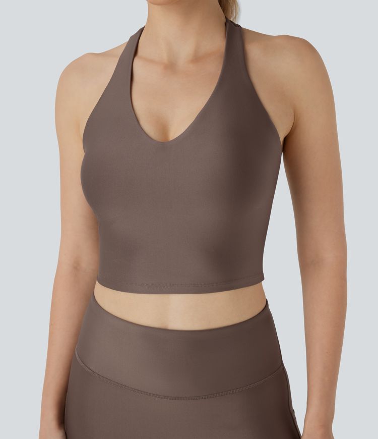 Halter Backless Adjustable Strap Skinny Cropped Sheen Workout Tank Vest Top