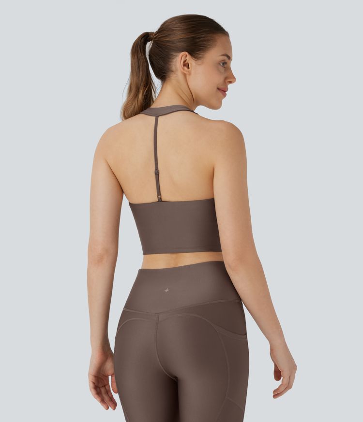 Halter Backless Adjustable Strap Skinny Cropped Sheen Workout Tank Vest Top