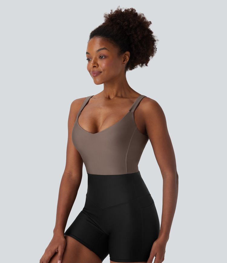 Women's V Neck Backless Skinny 2-in-1 Sheen Running Tank Top with