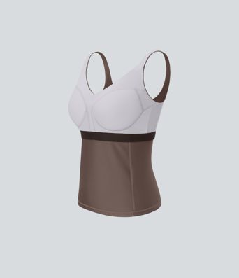 V-hálsaður mjór 2-í-1 gljáandi hlaupatoppur með vösum