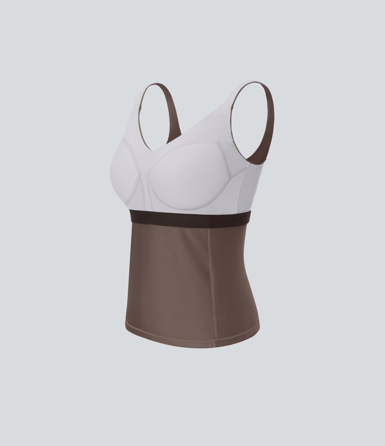 V-hálsaður mjór 2-í-1 gljáandi hlaupatoppur með vösum