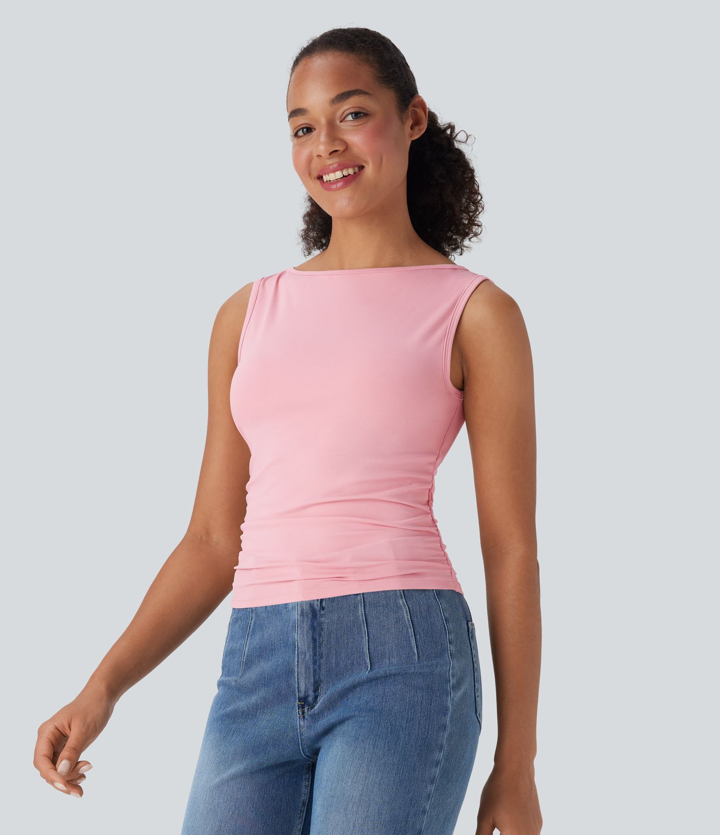 Boat Neck Sleeveless Ruched Casual Top