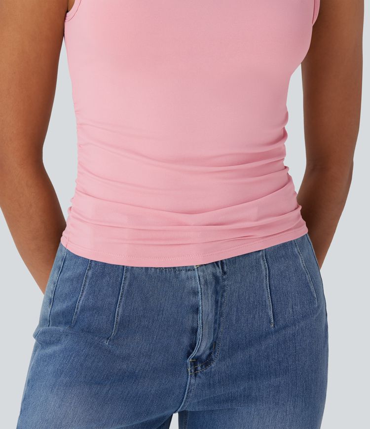 Boat Neck Sleeveless Ruched Casual Top