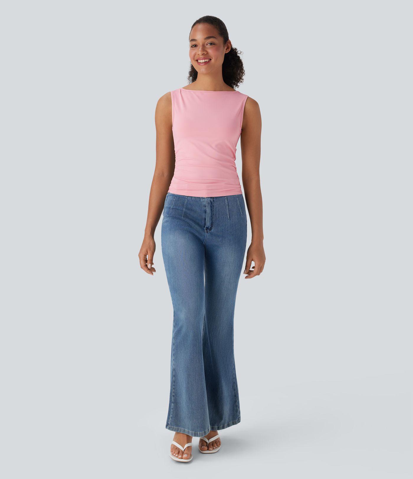 Boat Neck Sleeveless Ruched Casual Top