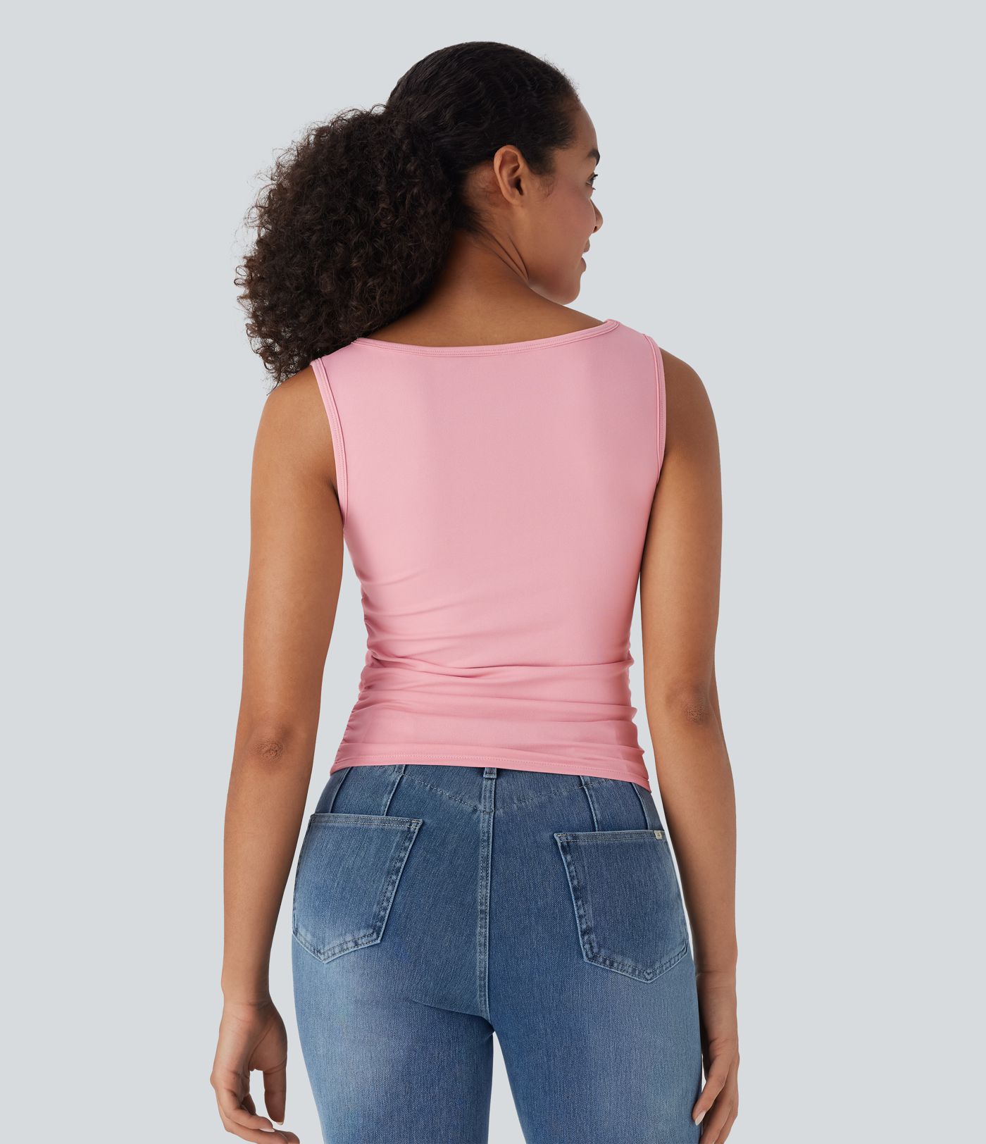 Boat Neck Sleeveless Ruched Casual Top