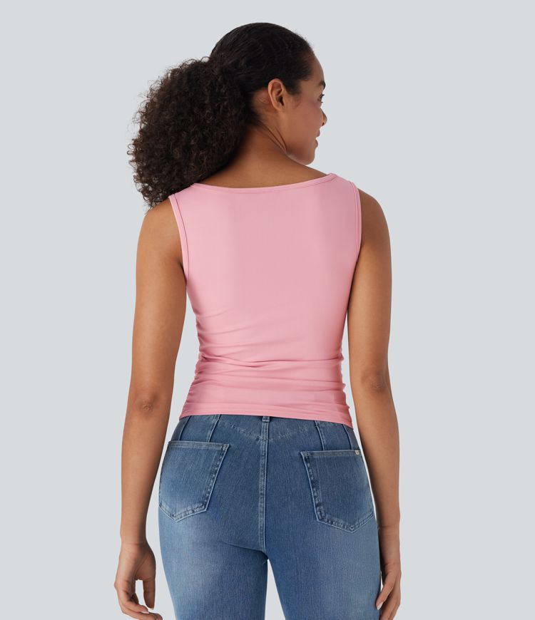 Boat Neck Sleeveless Ruched Casual Top