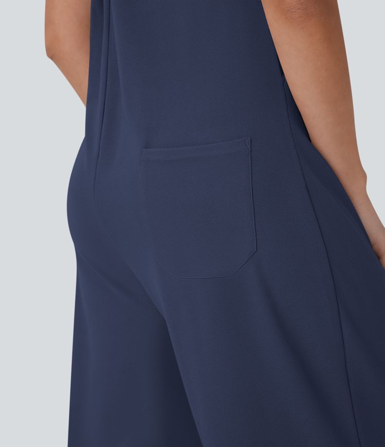 Pockets Capri Waffle Casual Overalls