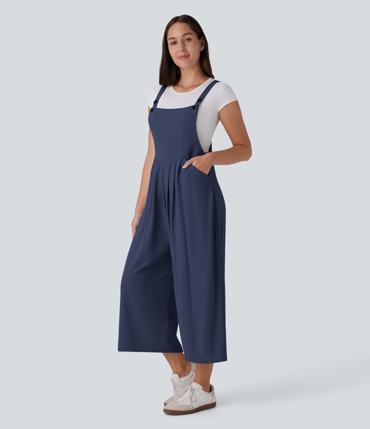 Pockets Capri Waffle Casual Overalls