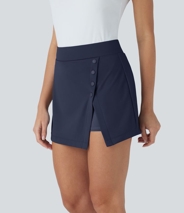 Jupe-short de golf mini taille haute 2-en-1 fendue à boutons décoratifs avec poche latérale séchage rapide - Poche pour tee de golf - UPF40+