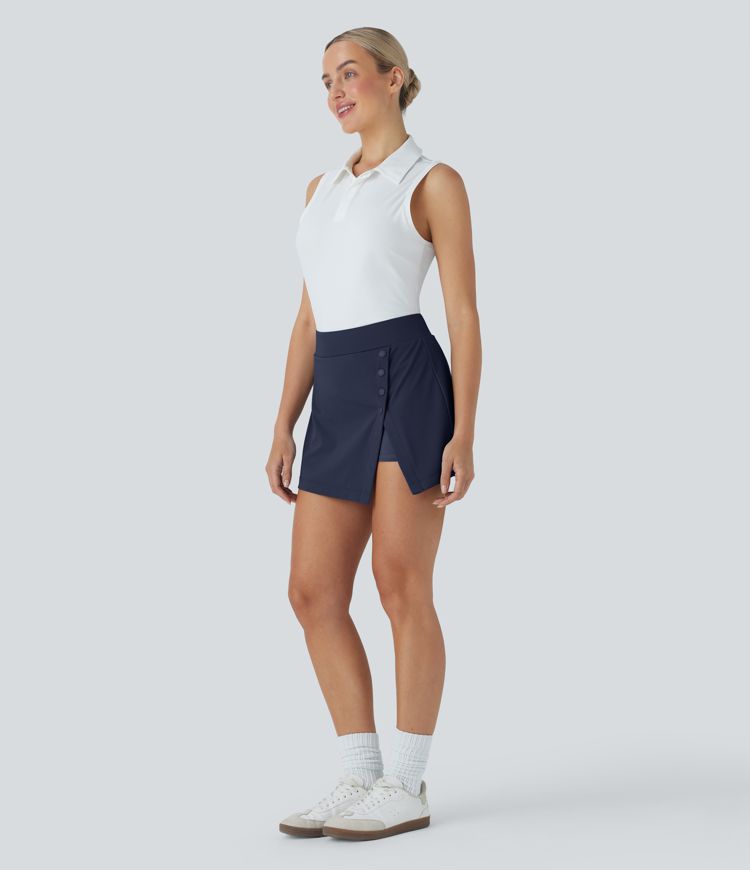 Jupe-short de golf mini taille haute 2-en-1 fendue à boutons décoratifs avec poche latérale séchage rapide - Poche pour tee de golf - UPF40+