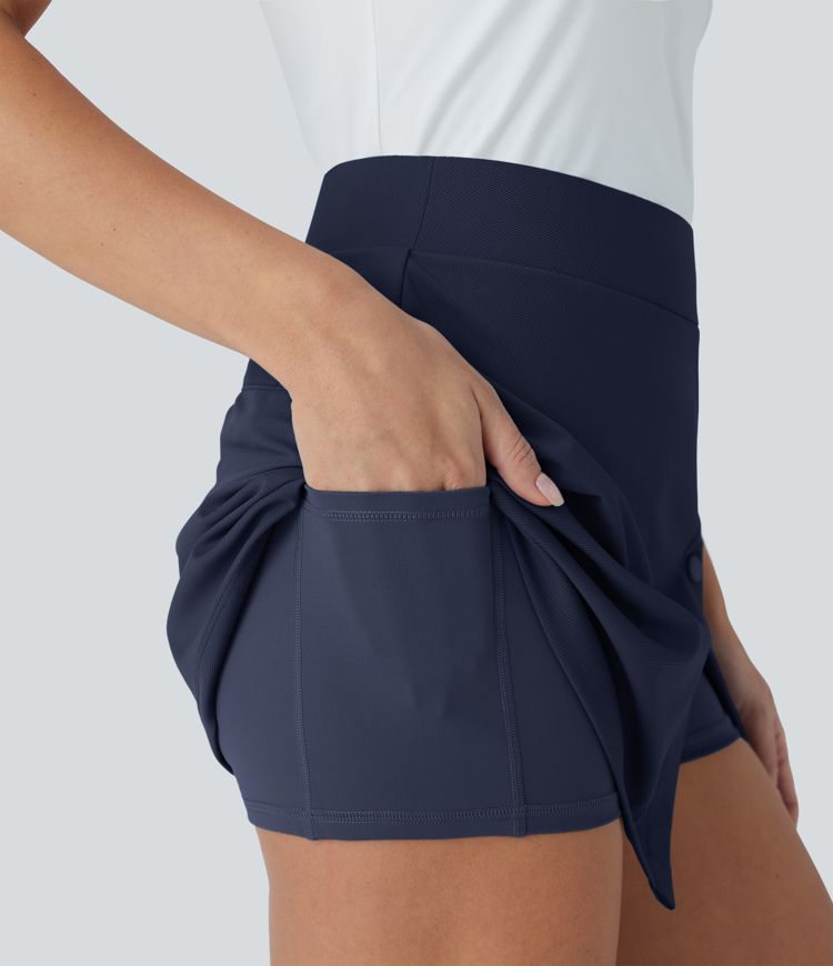 Jupe-short de golf mini taille haute 2-en-1 fendue à boutons décoratifs avec poche latérale séchage rapide - Poche pour tee de golf - UPF40+