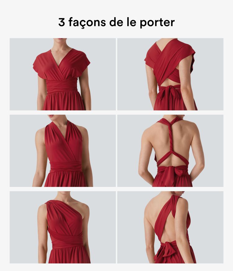 Robe longue de soirée col V, manches courtes, dos croisé à nouer, fendue avec poche latérale