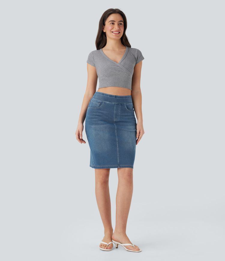 Halara Flex™ Gewaschener Freizeitrock aus elastischem Strick-Denim mit hohem Bund und mehreren Taschen