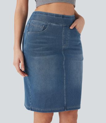 Halara Flex™ Gewaschener Freizeitrock aus elastischem Strick-Denim mit hohem Bund und mehreren Taschen