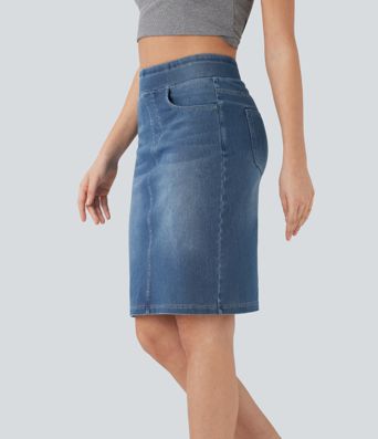 Halara Flex™ Gewaschener Freizeitrock aus elastischem Strick-Denim mit hohem Bund und mehreren Taschen