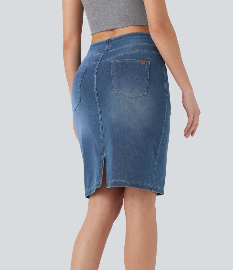 Halara Flex™ Gewaschener Freizeitrock aus elastischem Strick-Denim mit hohem Bund und mehreren Taschen