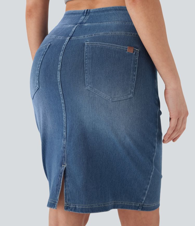 Halara Flex™ Gewaschener Freizeitrock aus elastischem Strick-Denim mit hohem Bund und mehreren Taschen