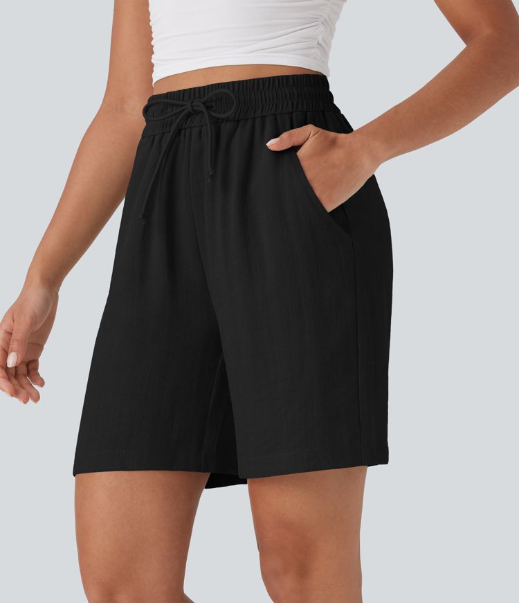 High Waisted Drawstring Casual Linen-Feel Shorts with Side Pockets