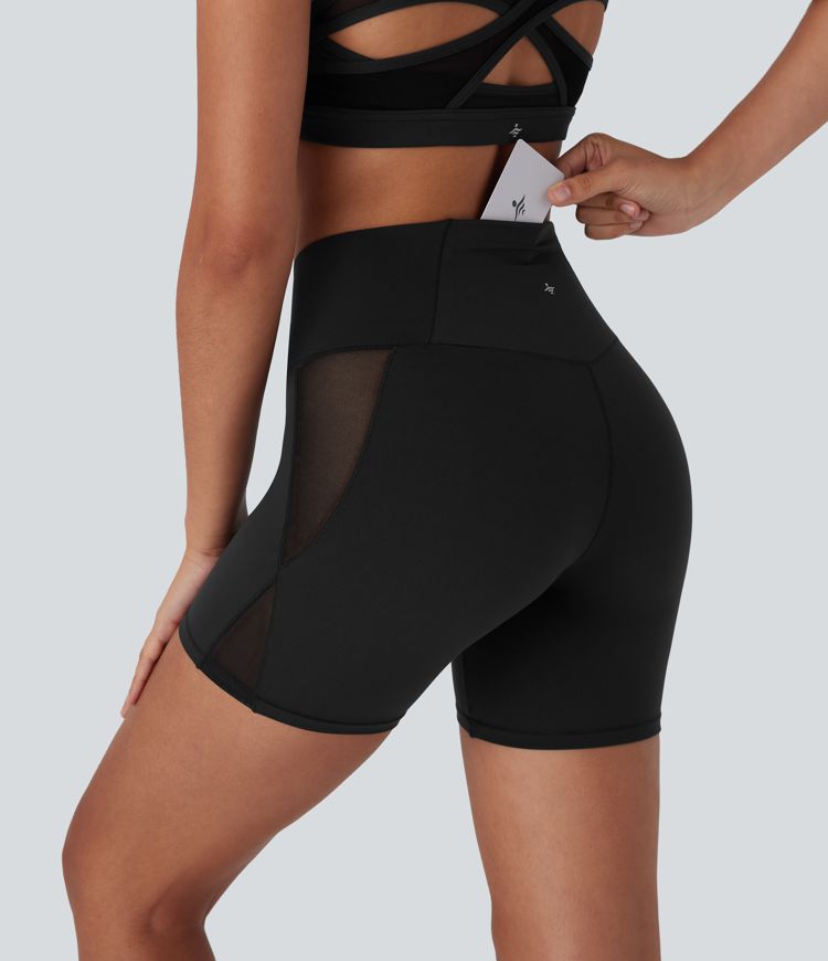 SoftlyZero™ High Waisted Crossover Contrast Mesh Yoga Biker Shorts 5'' with Pocket-UPF50+