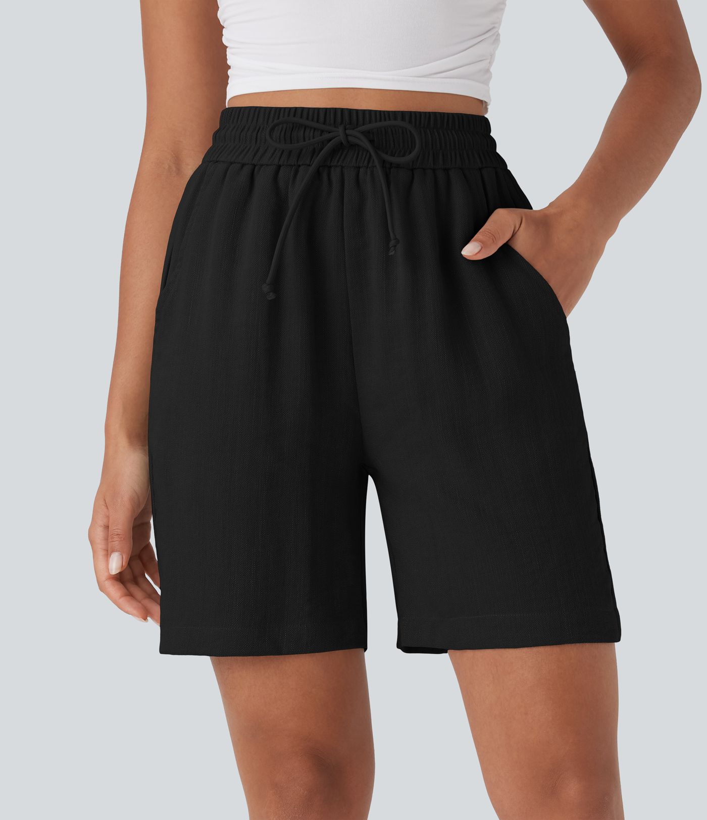 High Waisted Drawstring Casual Linen-Feel Shorts with Pockets