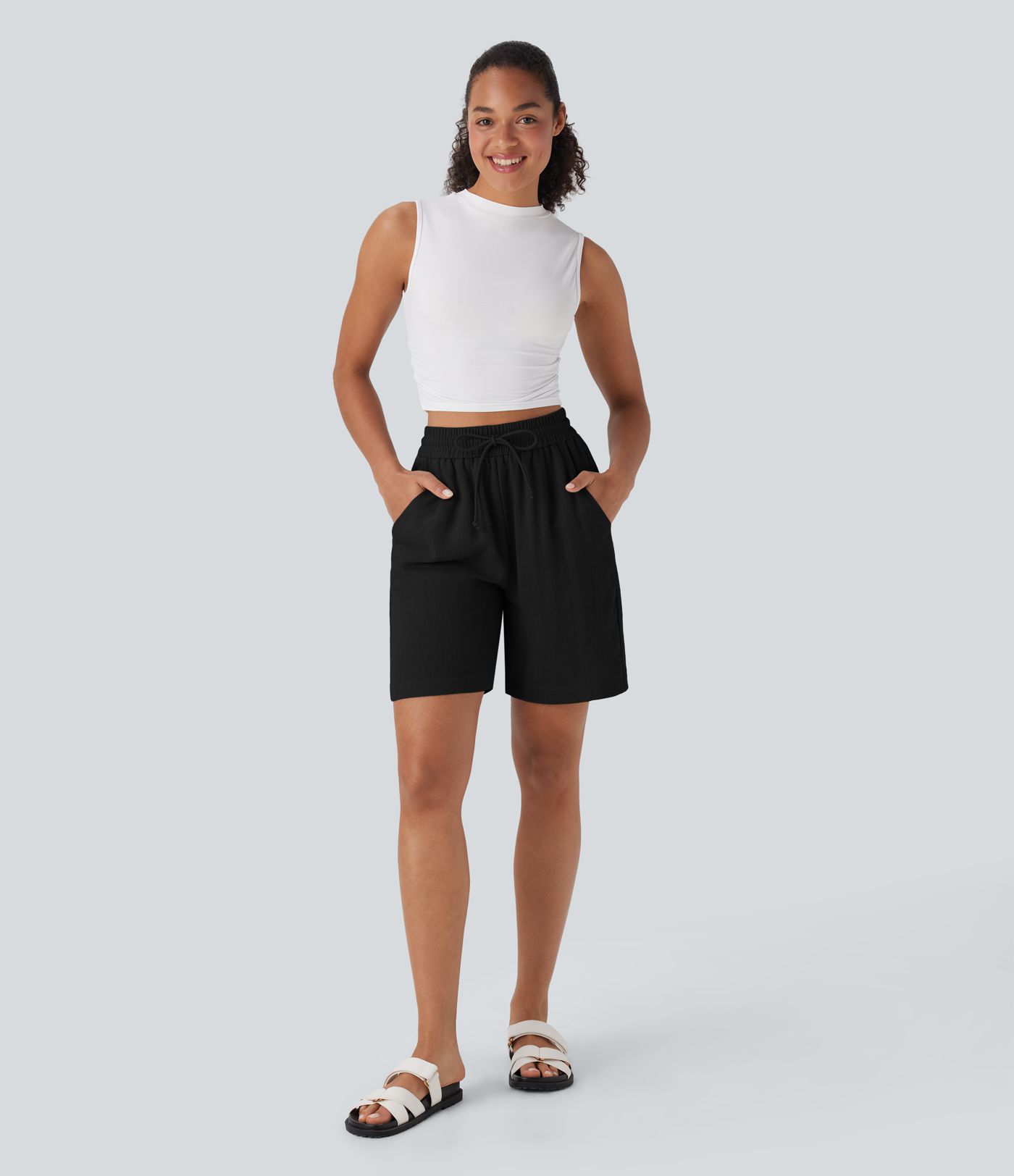 High Waisted Drawstring Casual Linen-Feel Shorts with Pockets