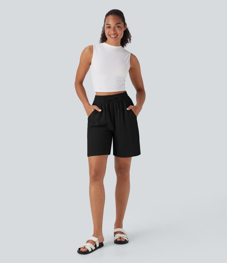 High Waisted Drawstring Casual Linen-Feel Shorts with Side Pockets