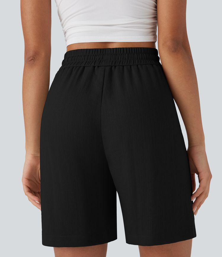 High Waisted Drawstring Casual Linen-Feel Shorts with Side Pockets