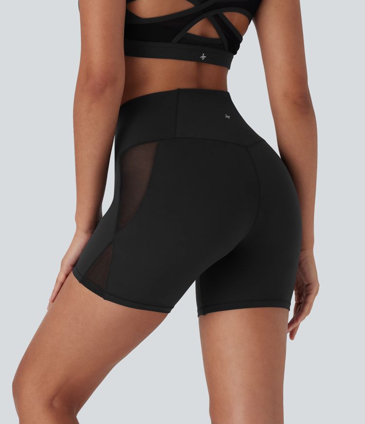 SoftlyZero™ High Waisted Crossover Contrast Mesh Yoga Biker Shorts 5'' with Pocket-UPF50+