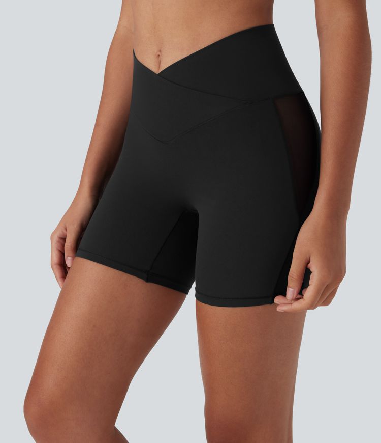 SoftlyZero™ High Waisted Crossover Contrast Mesh Yoga Biker Shorts 5'' with Pocket-UPF50+