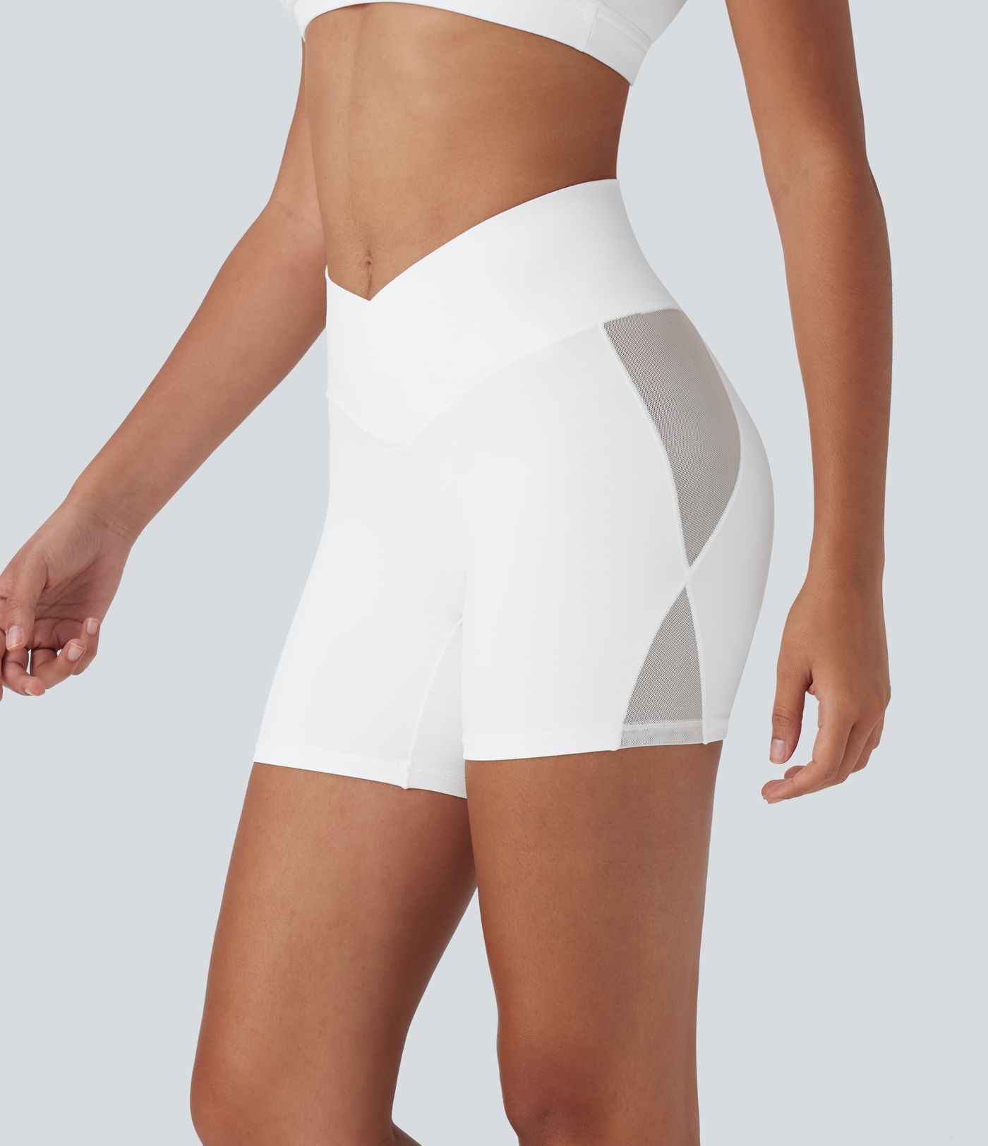 SoftlyZero™ High Waisted Crossover Contrast Mesh Yoga Bike Running Shorts 5'' with Pocket-UPF50+