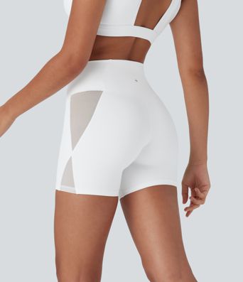 SoftlyZero™ High Waisted Crossover Contrast Mesh Yoga Bike Running Shorts 5'' with Pocket-UPF50+