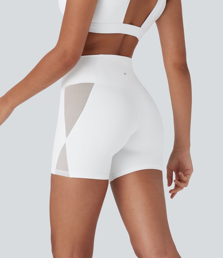 SoftlyZero™ High Waisted Crossover Contrast Mesh Yoga Bike Running Shorts 5'' with Pocket-UPF50+
