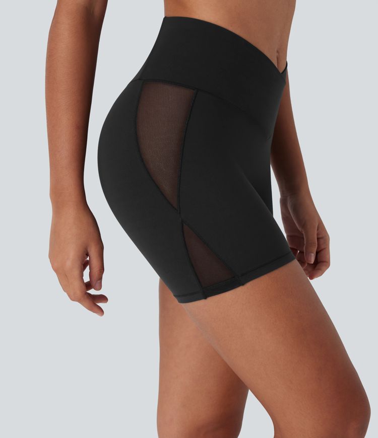 SoftlyZero™ High Waisted Crossover Contrast Mesh Yoga Biker Shorts 5'' with Pocket-UPF50+