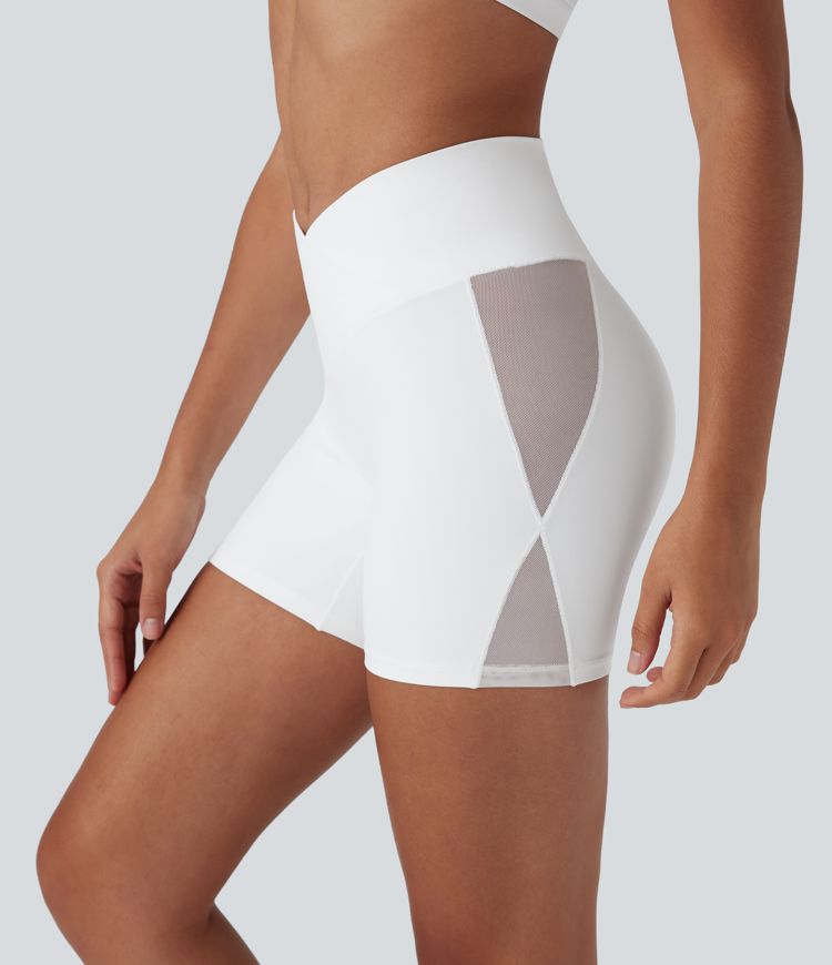 SoftlyZero™ High Waisted Crossover Contrast Mesh Yoga Bike Running Shorts 5'' with Pocket-UPF50+