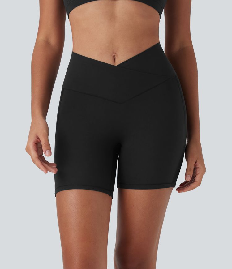 SoftlyZero™ High Waisted Crossover Contrast Mesh Yoga Biker Shorts 5'' with Pocket-UPF50+