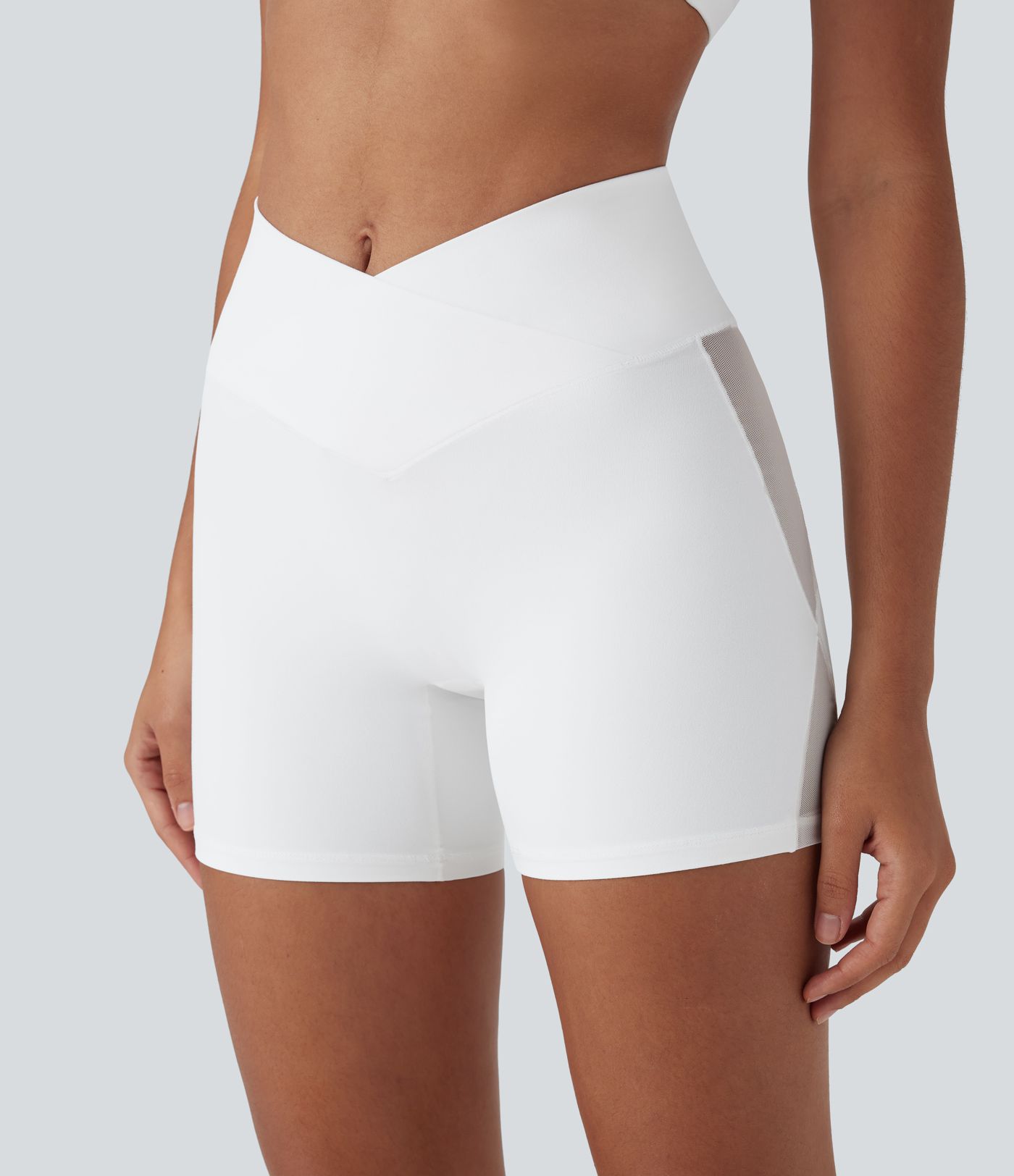 SoftlyZero™ High Waisted Crossover Contrast Mesh Yoga Bike Running Shorts 5'' with Pocket-UPF50+