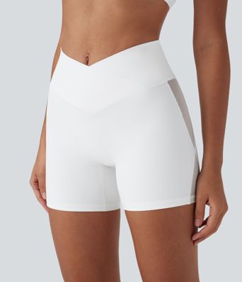 SoftlyZero™ High Waisted Crossover Contrast Mesh Yoga Bike Running Shorts 5'' with Pocket-UPF50+