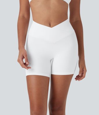 SoftlyZero™ High Waisted Crossover Contrast Mesh Yoga Bike Running Shorts 5'' with Pocket-UPF50+