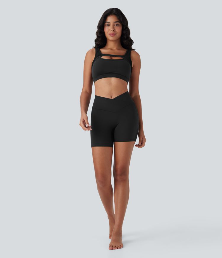 SoftlyZero™ High Waisted Crossover Contrast Mesh Yoga Biker Shorts 5'' with Pocket-UPF50+