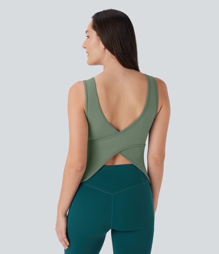 U Neck Crossover Yoga Tank Top-Longer Length