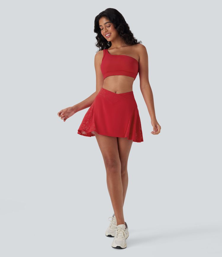 SoftlyZero™ Airy Crossover High Waisted Contrast Lace 2-in-1 Cool Touch Mini Yoga Skirt with Pocket-UPF50+