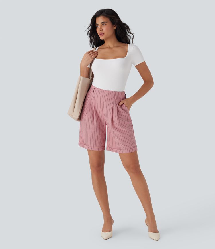High Waisted Stripe Work Linen-Feel Bermuda Shorts with Pockets