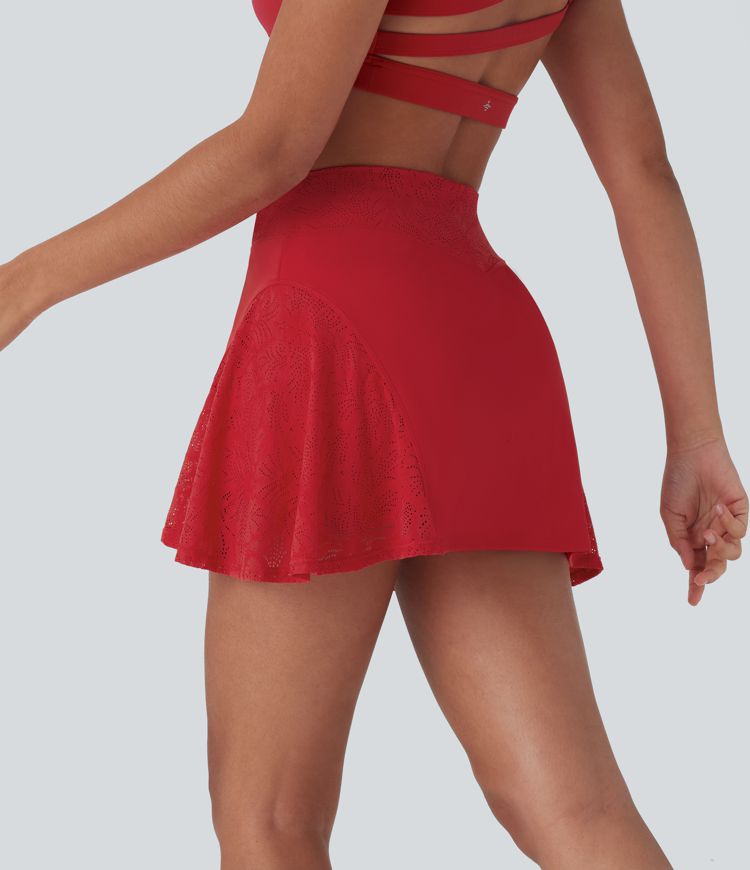 SoftlyZero™ Airy Crossover High Waisted Contrast Lace 2-in-1 Cool Touch Mini Yoga Skirt with Pocket-UPF50+