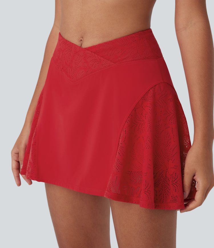 SoftlyZero™ Airy Crossover High Waisted Contrast Lace 2-in-1 Cool Touch Mini Yoga Skirt with Pocket-UPF50+