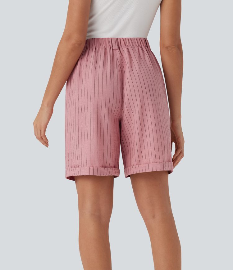High Waisted Stripe Work Linen-Feel Bermuda Shorts with Pockets