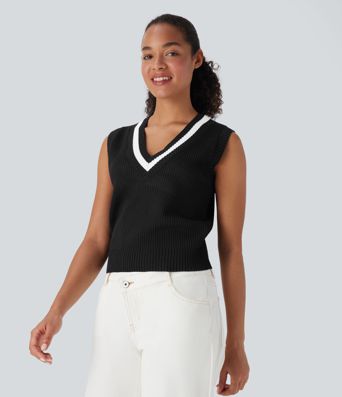 V Neck Color Block Casual Sweater Vest