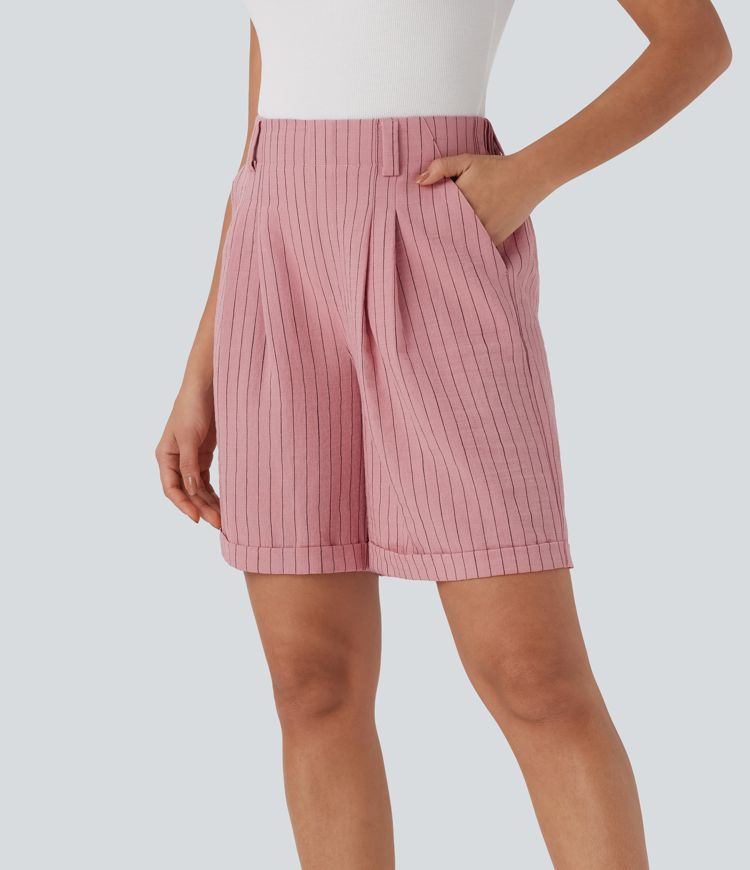 High Waisted Stripe Work Linen-Feel Bermuda Shorts with Pockets