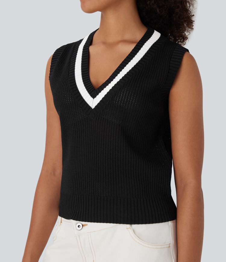 V Neck Color Block Casual Sweater Vest