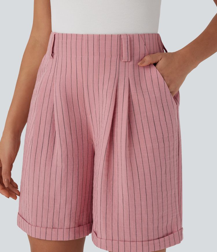 High Waisted Stripe Work Linen-Feel Bermuda Shorts with Pockets